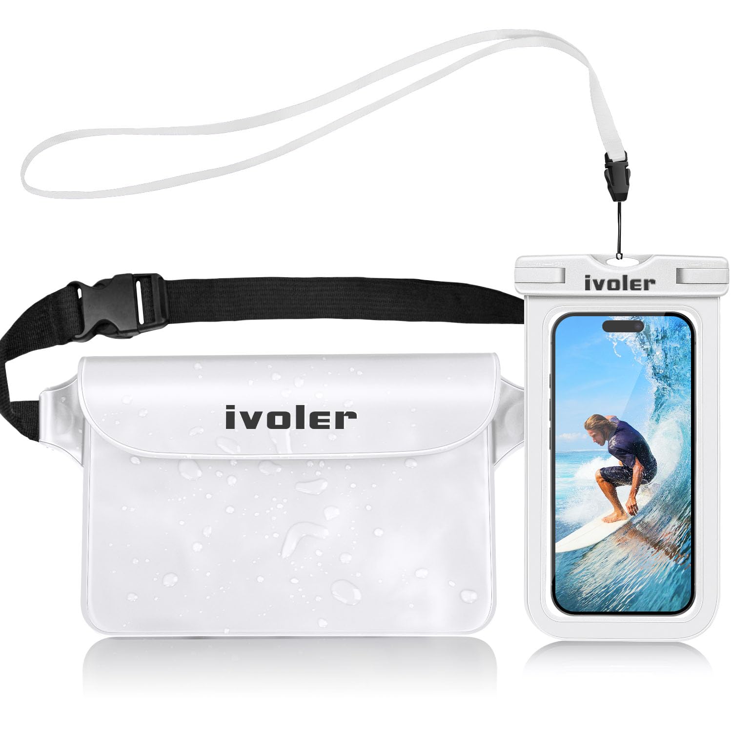 iVoler Kit Impermeabile con Borsa Marsupio e Custodia Smartphone IPX8 per Sport Acquatici Pesca Vela Sci Mare Escursione, Protezione per Cellulare Portafoglio Documenti - Bianco Opaco