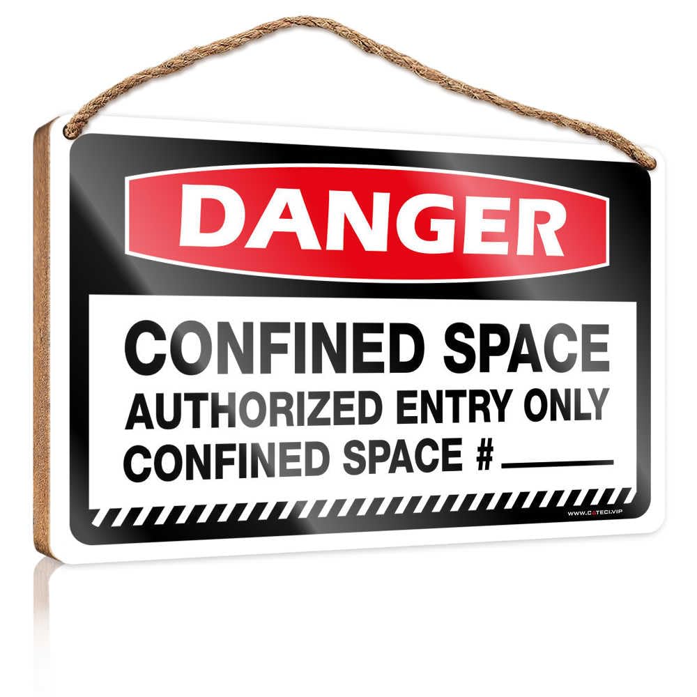 HMQW Hanging Decor Sign Danger Confined Space Authorized Entry Only Confined Space Wooden Sign Bathroom Wood Sign Welcome Sign For Front Door(23X35CM)