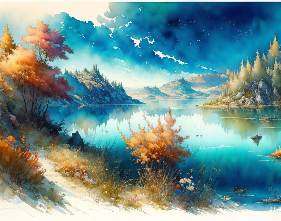 Affiche lac aquarelle SERENDIPITP toile murale sans cadre 58x90 cm