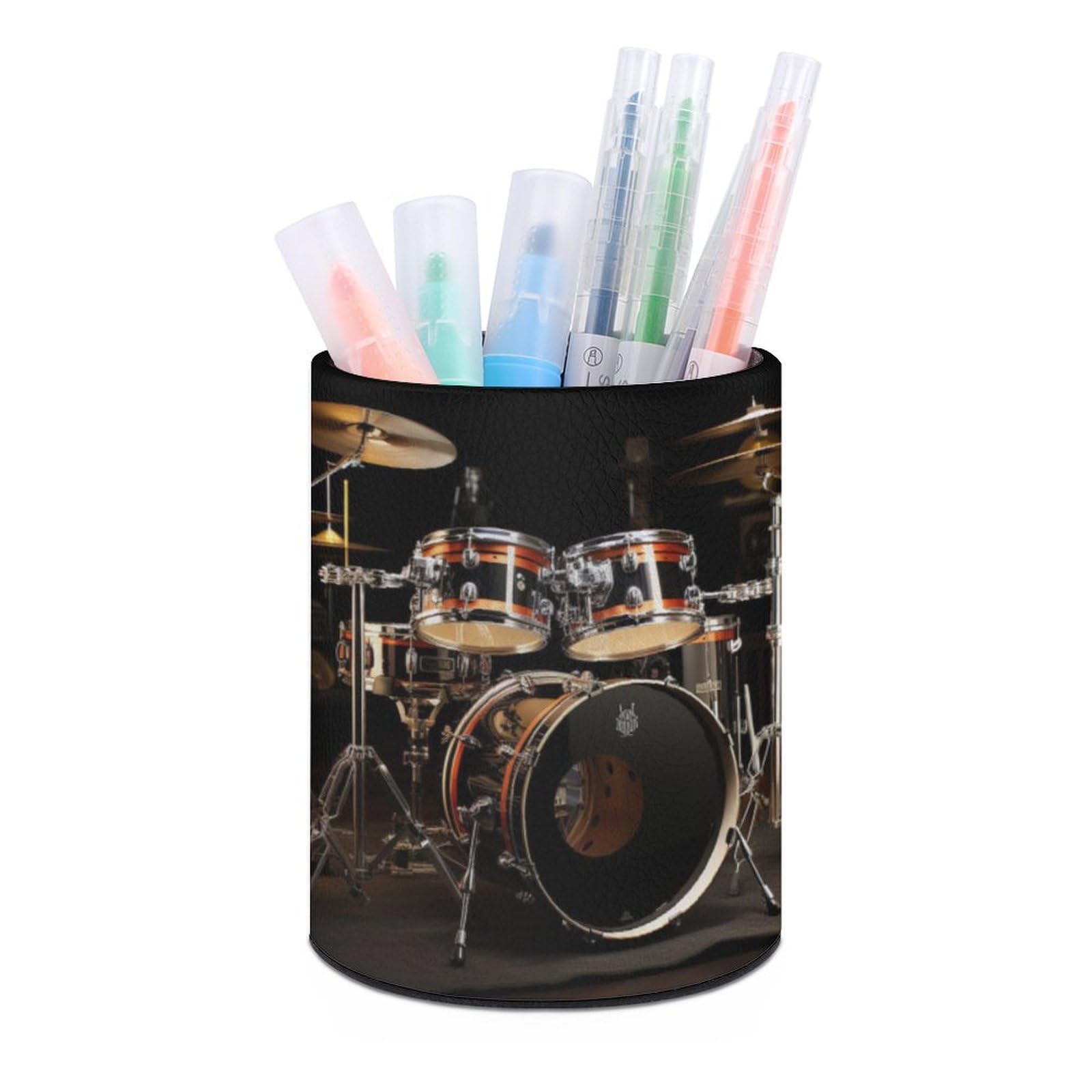 JTREHY Round Pen Holder,Drum Set Printed Makeup Brush Storage Box Desktop Stationery Storage Cup Office Accessories Storage Box Pencil Storage Box for Home Office Dressing Table