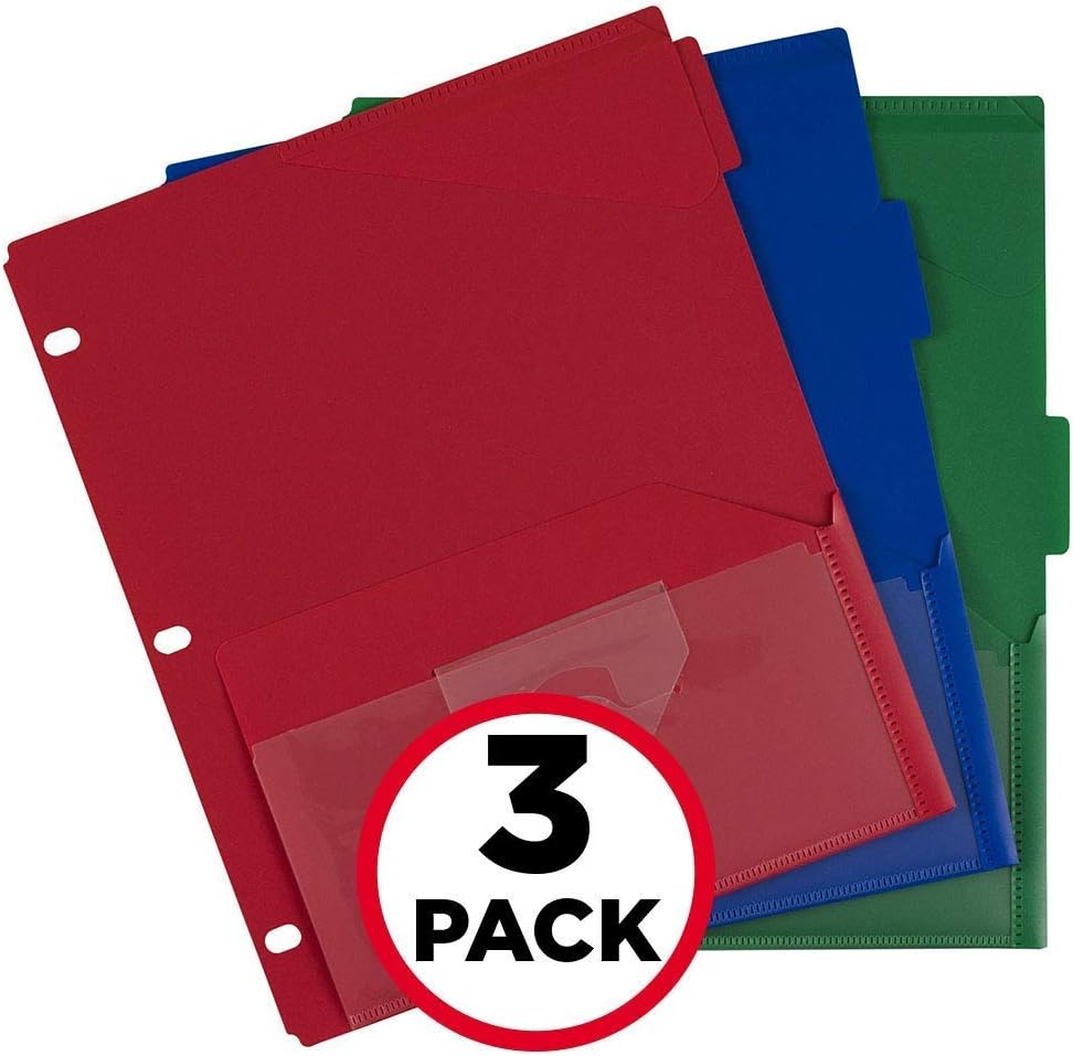Five Star Binder Dividers, Flex, NotePocket, 3 Tabs, Colors Selected For You, 3 Pack (20016)