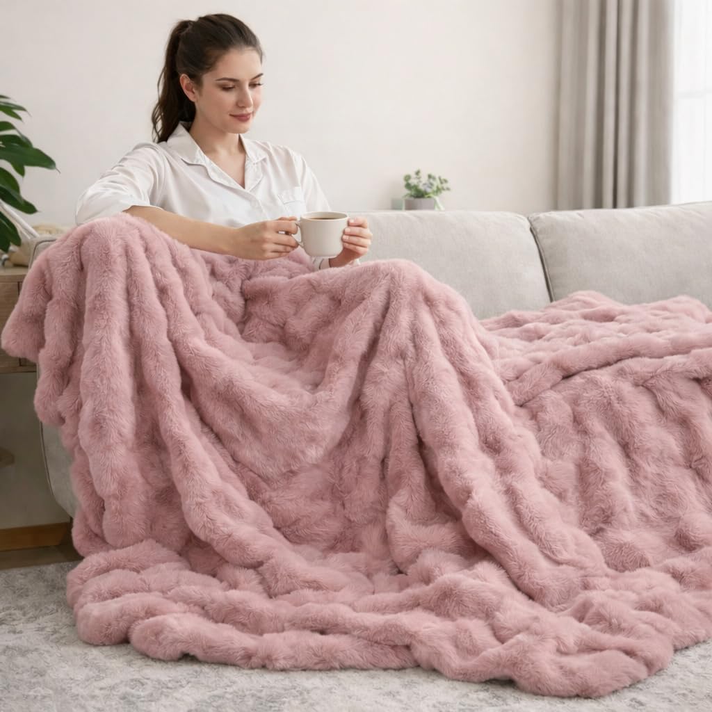 Ghouse Pink Faux Rabbit Fur Throw Blanket for Couch, Comfy Blankets for Women, Bubble Plush Decorative Blanket for Sofa, Bed and Bedroom, Soft Cozy Machine Washable Thick Throw, 60 x 80 Inches
