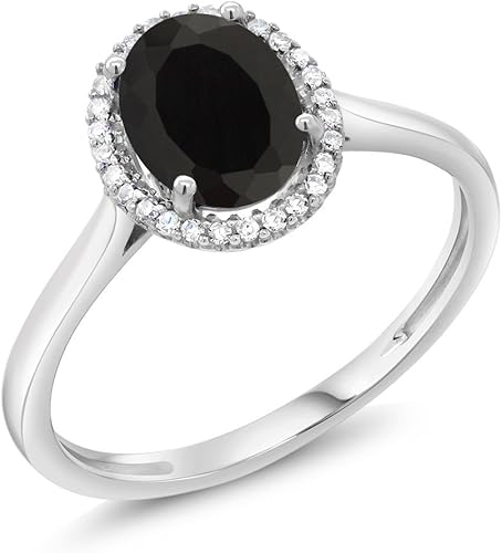 Gem Stone King Anillo de compromiso de oro blanco de 10 quilates con piedra preciosa ovalada de 0.315 x 0.236 in y halo de diamantes blancos Anillo