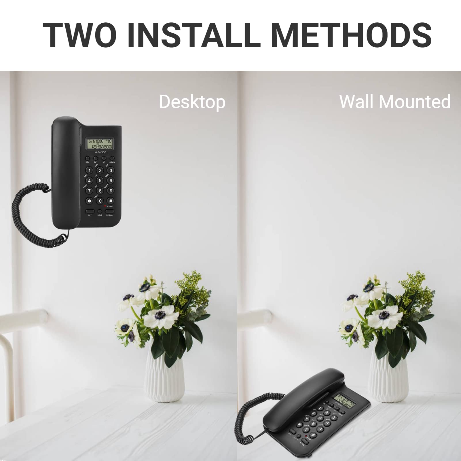 Schnurgebundenes Telefon, schnurgebundenes Tischtelefon mit Telefonkabel, großen Tasten, einstellbarer Lautstärke, Festnetztelefon für Home Office Hotel, unterstützt FSK/DTMF Dual System(Schwarz)