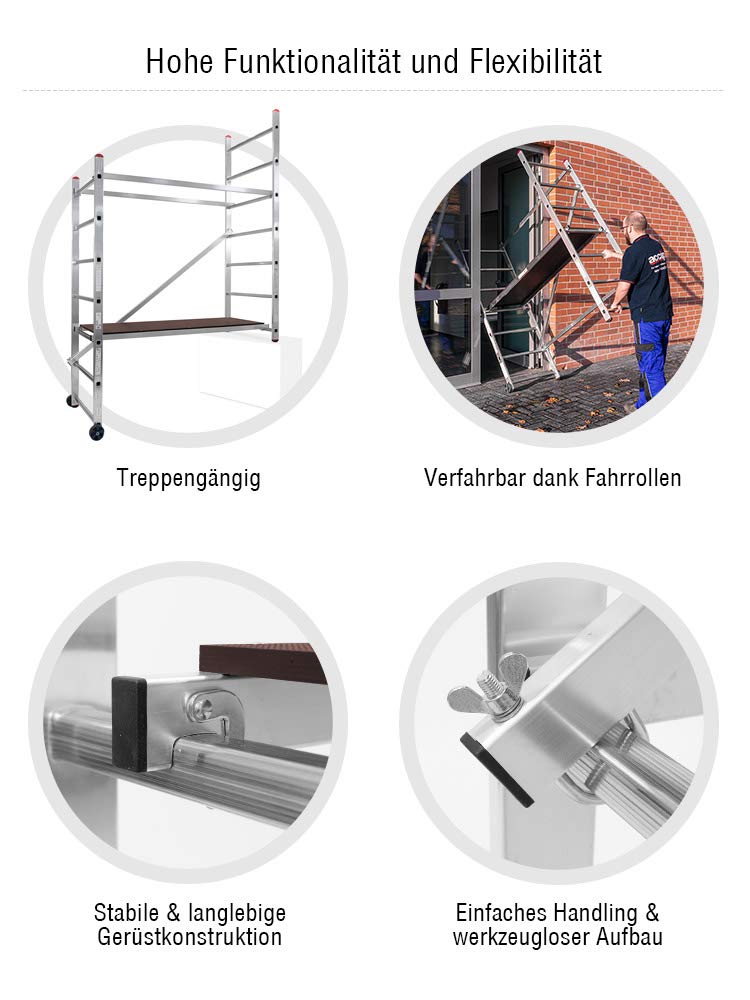 fahrbares Arbeitsgerüst - Arbeitshöhe 3,00 m - Kleingerüst - Arbeitsgerüst mit Treppenverstellung, aus Aluminium, für innen und außen