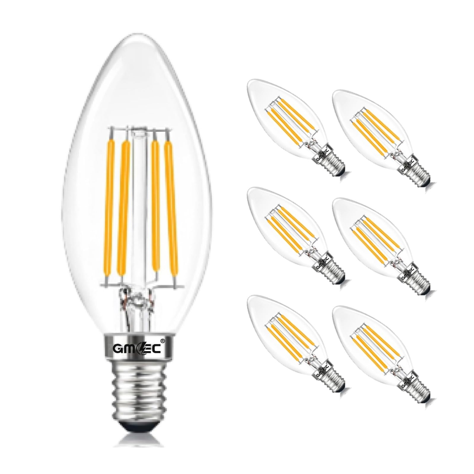 GMEC 6 Pack LED Bulb E14 4 WATTSE14 LED Candle Bulb – 4W (40W Equivalent), 3000K Warm White – Clear Glass Filament, Edison Screw SES – 450 Lumens, Non-Dimmable – Pack of 6