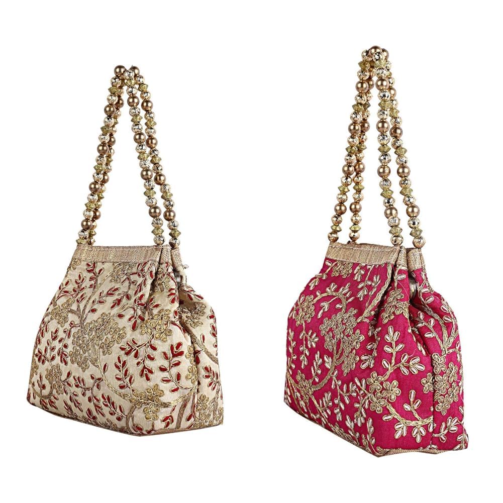 Polyester Embroidered Woman Pouch Potli Bag, Cream - CTKTC31395 + Women's Polyester Embroidered Woman Potli Bag, Pink - CTKTC31391-image-9