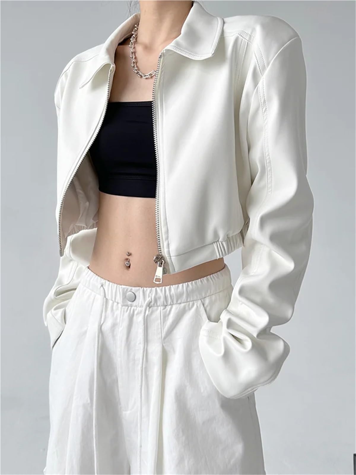 Chaqueta Cuero Mujer Chaquetas de cuero for mujer, abrigos cortos manga larga con solapa, ropa calle retro cremallera, abrigo informal moda Para salir