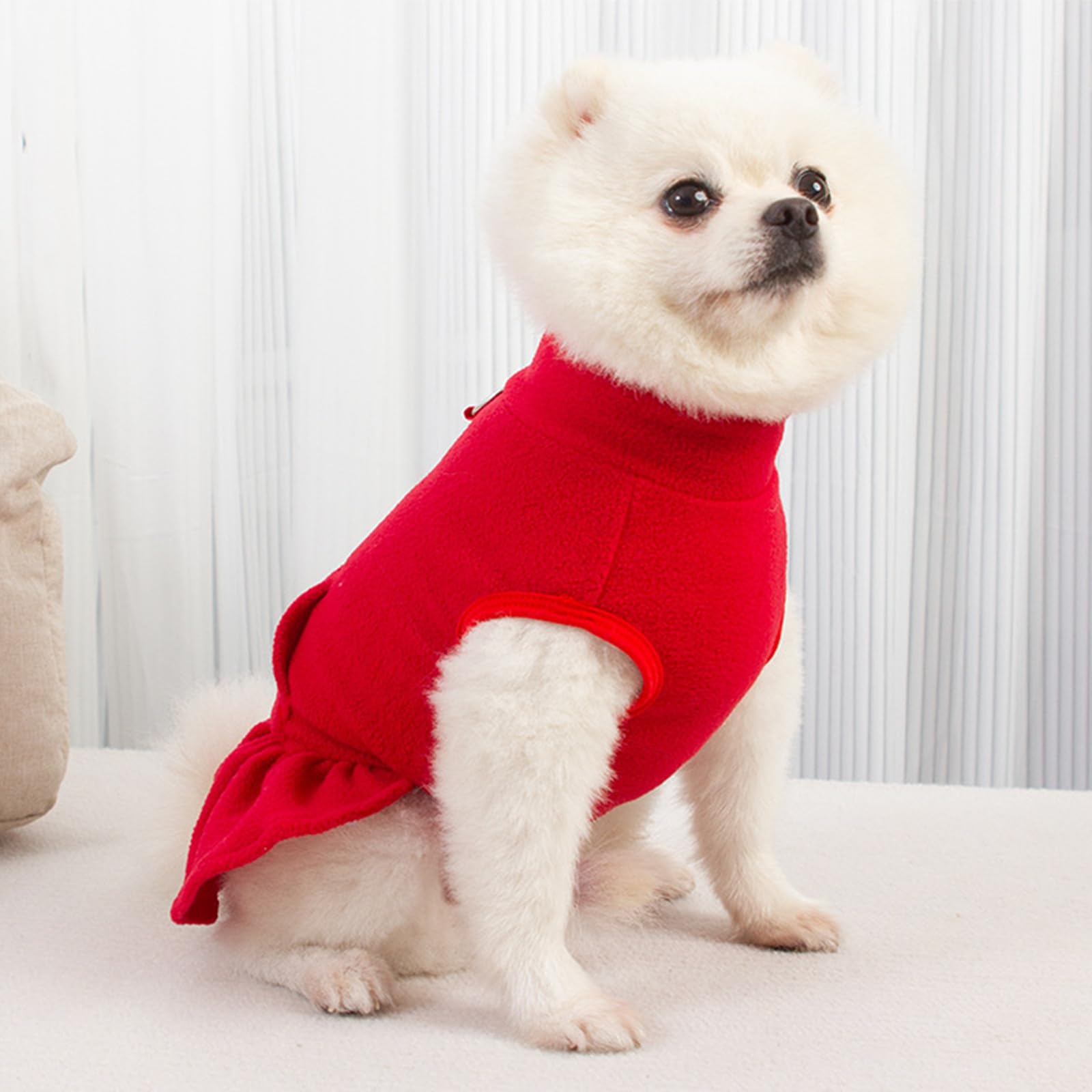MeiAOBest Pet Dress with D-Ring,Small Dog Fleece Winter Warm Clothing Puppy Sleeveless Sweaters Princess Skirt for Cats Small Dogs_S(Red) - Image 4