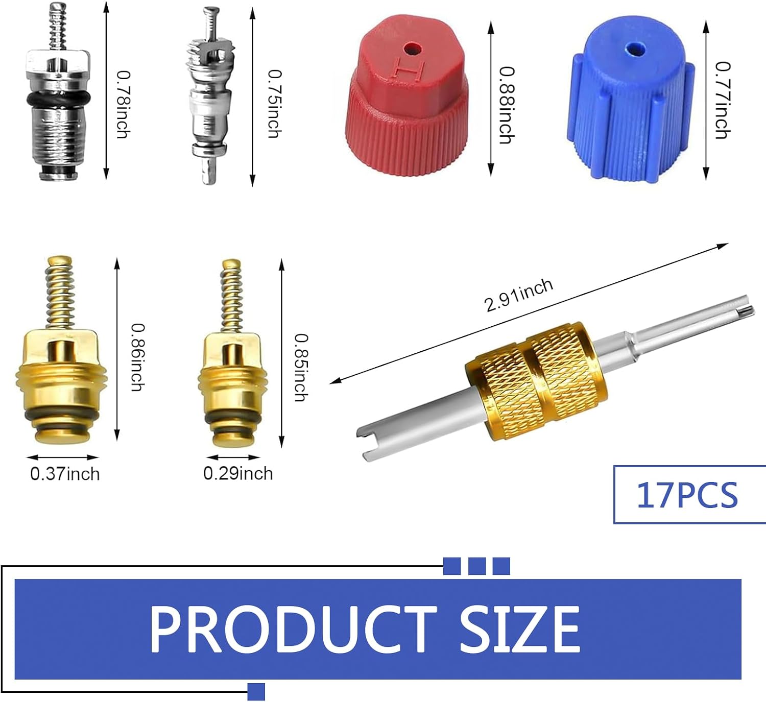 17 PCS Air Conditioning Valve Core Kit, R12 R134A A/C Ducts Pressure Caps and Service Valves, Universal Valve Core A/C Refrigeration SystemKit, for Most Cars (Multicolored)