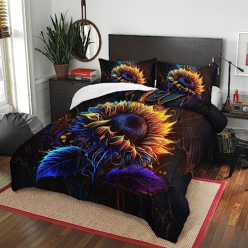 Image of AILONEN Sunflower Kids Comforter Set Queen Size, Yellow Flower Botanical Bedding Set for Boys Girls,Fire Flame Sunflower Duvet Set 3 Pieces, 1 Quilt and 2 Pillowcases