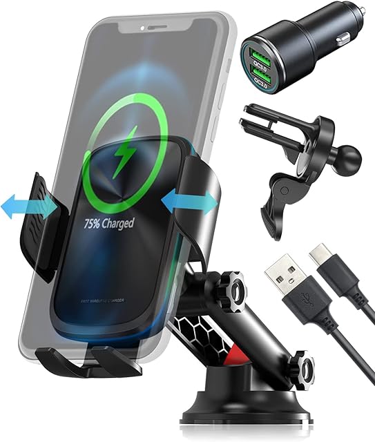 E-SMARTER Wireless Car Charger,15W Car Phone Holder Wireless Charger with Auto-Clamping, Reminder Function, Air Outlet&Windshield Dashboard, Car Wireless Charger for iPhone 13/12/11/XS/XR,S20/S10 etc