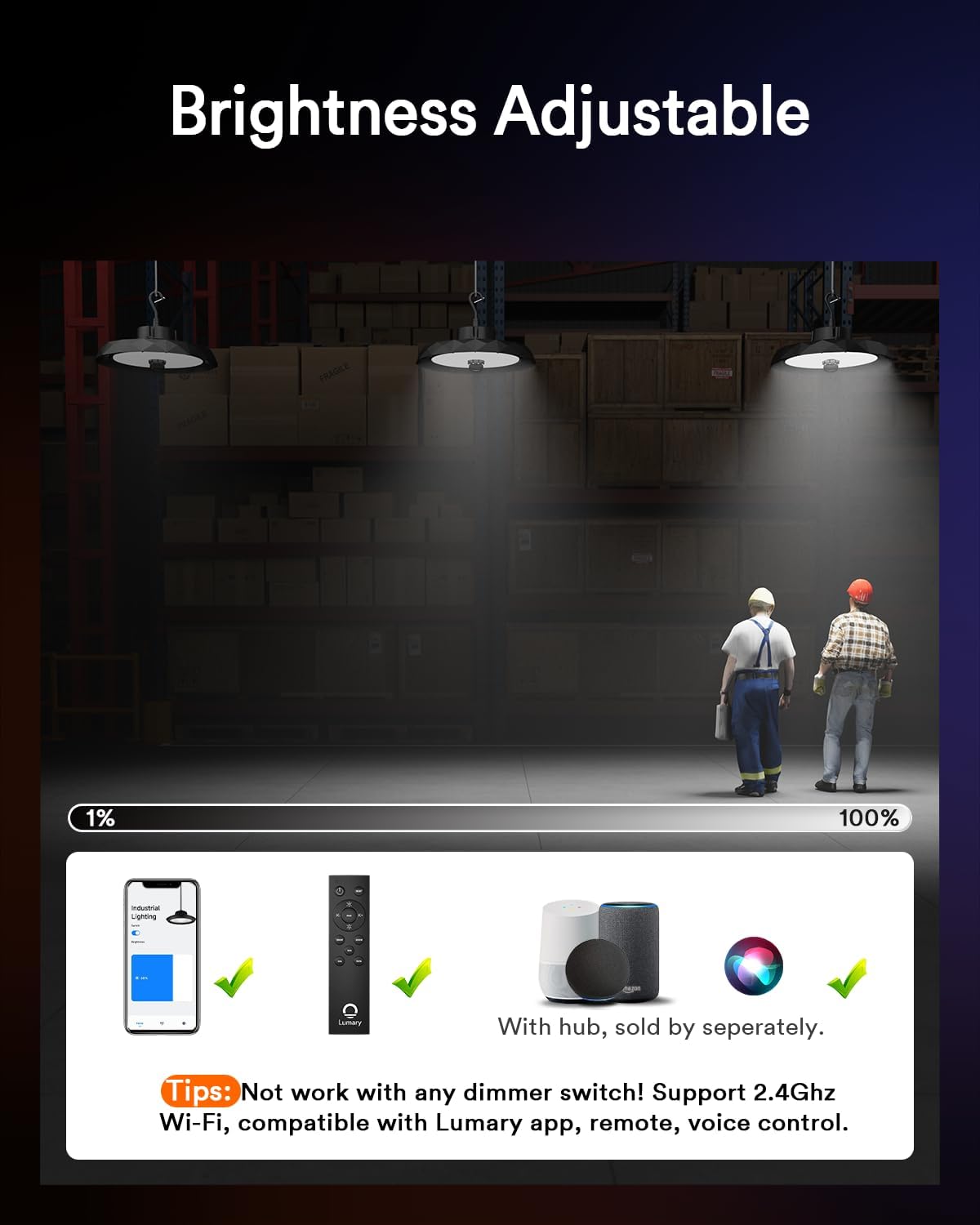 Lumary Smart UFO LED High Bay Light Motion Sensor 100W via Hub, Compatible with Alexa Google, Bluetooth Hanging Shop Lights for Garage w/Remote, 16000Lm Brightness Dimmable 1-100%, 5000K for Workshop