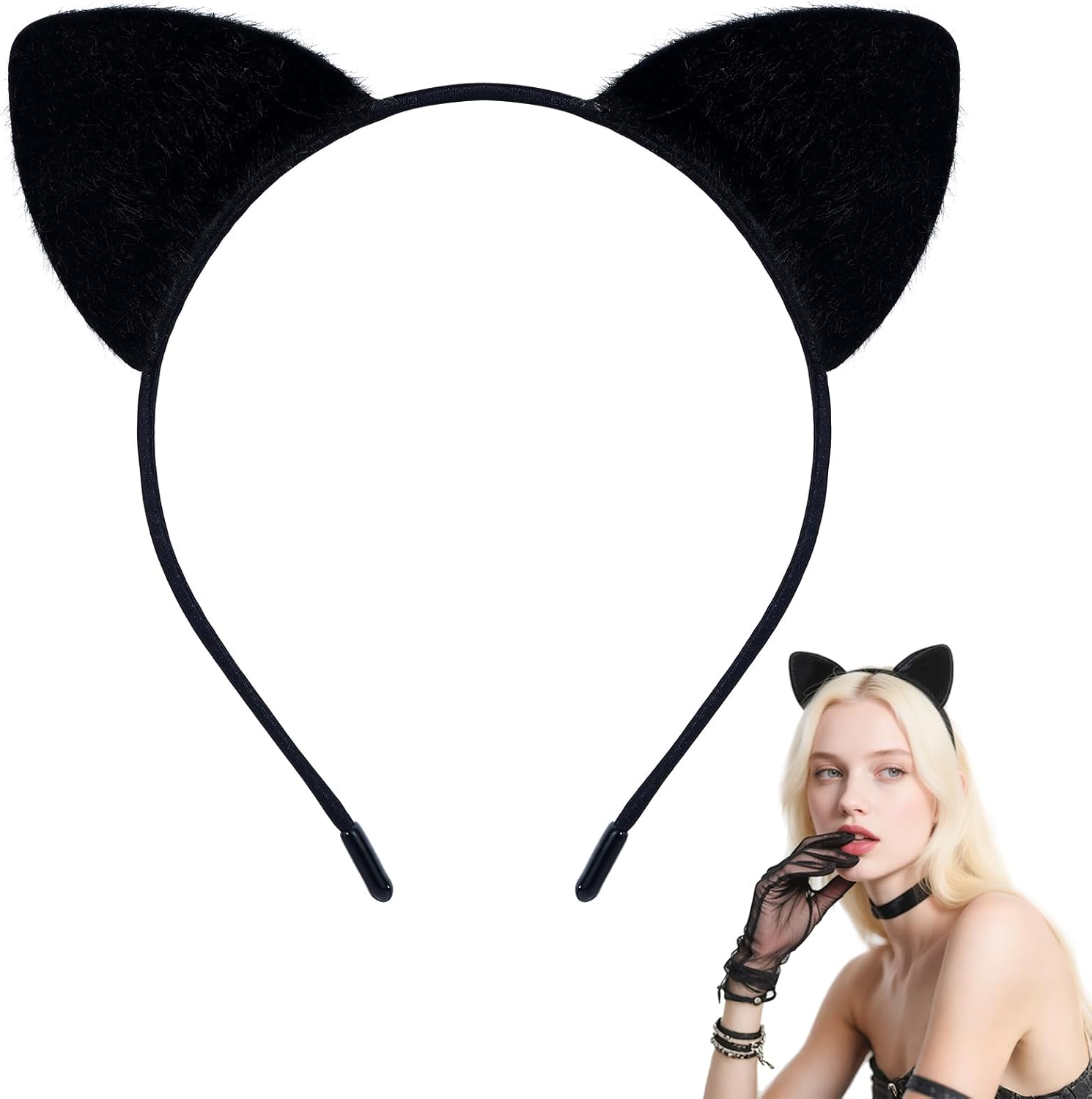 Black Cat Ears Headband Furry - Halloween Cat Woman Ears for Women, Cat Costume Accessories Kitty Ears