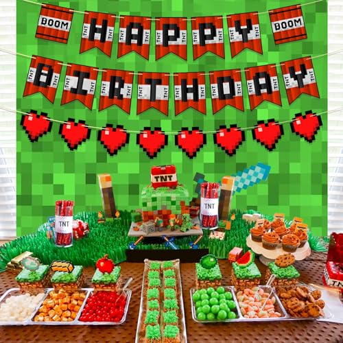 Image of Pre-Strung Pixel Themed Birthday Party Decorations, Video Game Happy Birthday Banner, Boom Style Gamer Party Supplies, NO DIY
