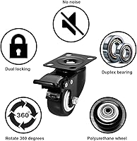 Vista 6 de Ruedas giratorias, ruedas de 2 pulgadas, juego de 4 ruedas resistentes, ruedas de bloqueo CLOATFET con freno (placa superior), ruedas giratorias
