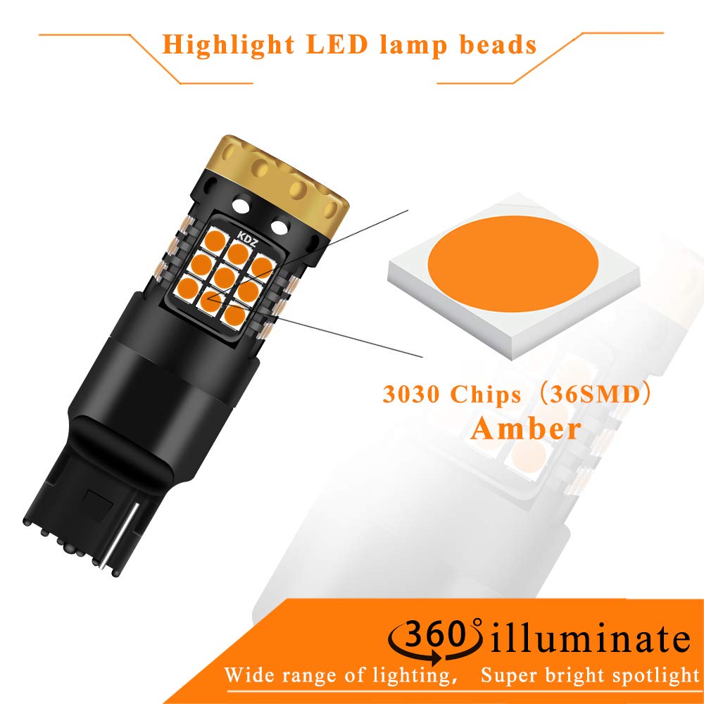 Żarówki kierunkowskazu, bez hiperbłysku, 1850 lumenów, 36SMD 7440, W21W, WY21W, T20, Canbus, bezbłędne żarówki LED z przodu i z tyłu, bursztynowo-żółte, 4 sztuki