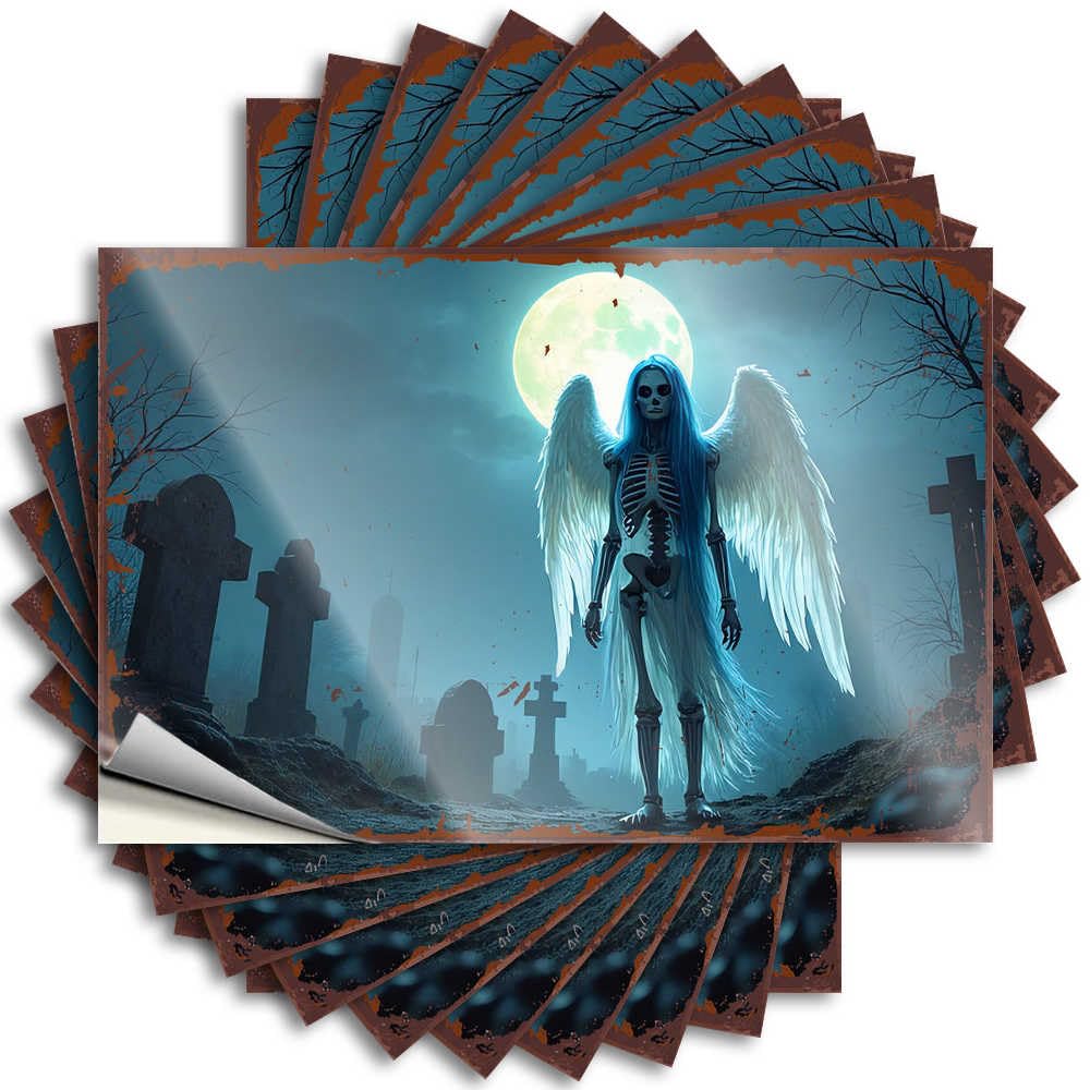 Stickers Cool Room Stuff Durable Vinyl - Skeletal Angel in Moonlit Cemetery Water for Student Use(12X18CM)