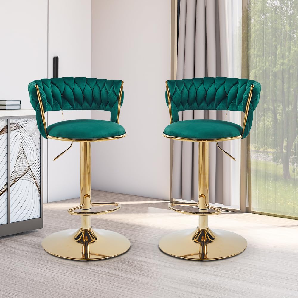 Creative Barstool/Kitchen Chairs 360 Degree Rotatable Swivel Elegant Classy & Comfortable Chair with Golden Base and Velvet Fabric (Pack of 2) (Green)