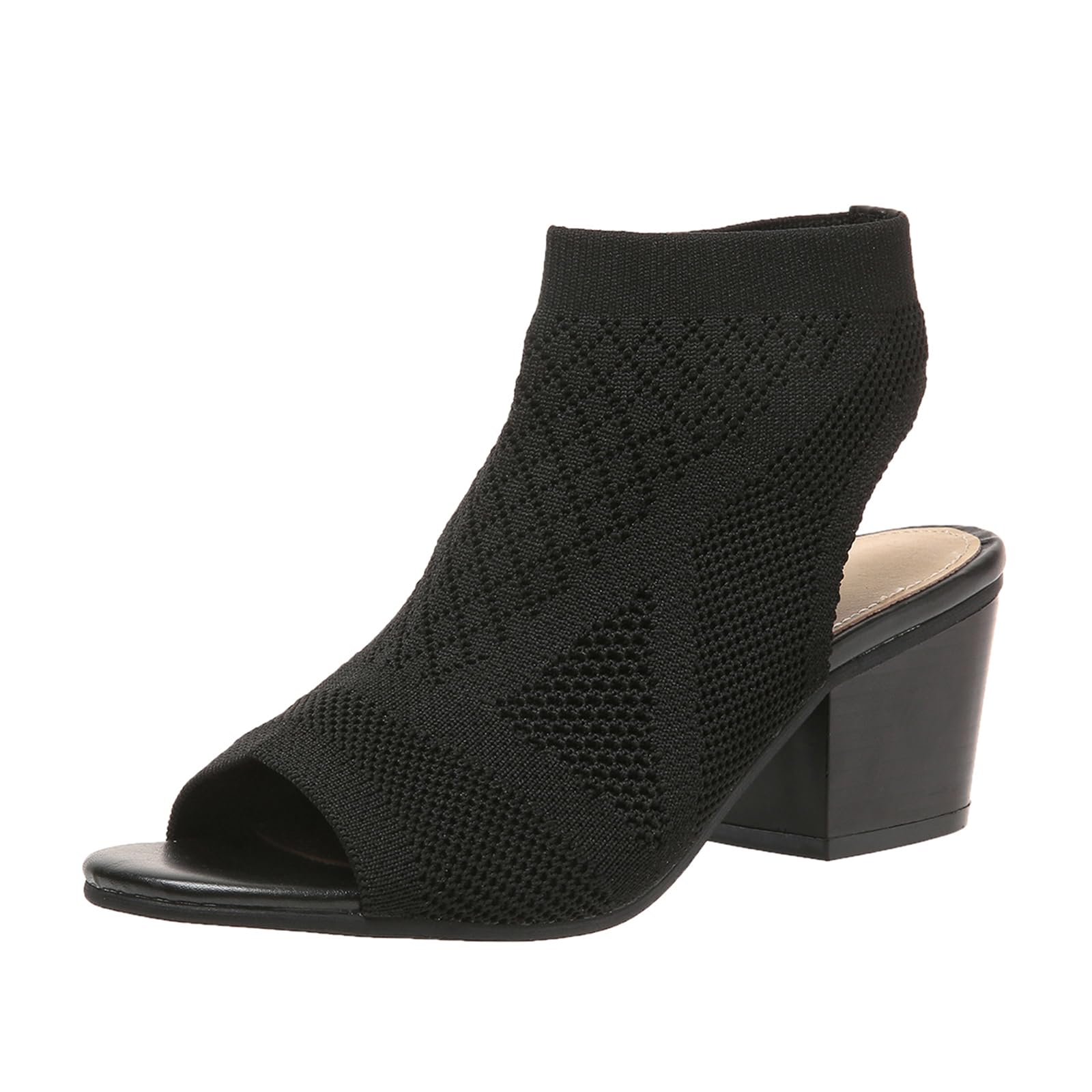 Peep Toe Booties for Women Open Toe Heeled Sandals Knit Cutout Chunky Block Heel Breathable Fashion Shoes US5-11