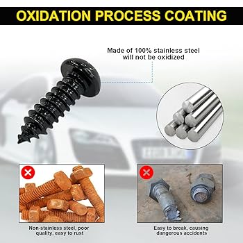 Aootf Black Anti Theft License Plate Screws- Stainless Steel Rustproof Security Bolts Fasteners For Front Rear Car Tag Mount- M6 (1/4") Locking Hardware, With Matte Caps Inserts Nuts, Rattle Proof Pad