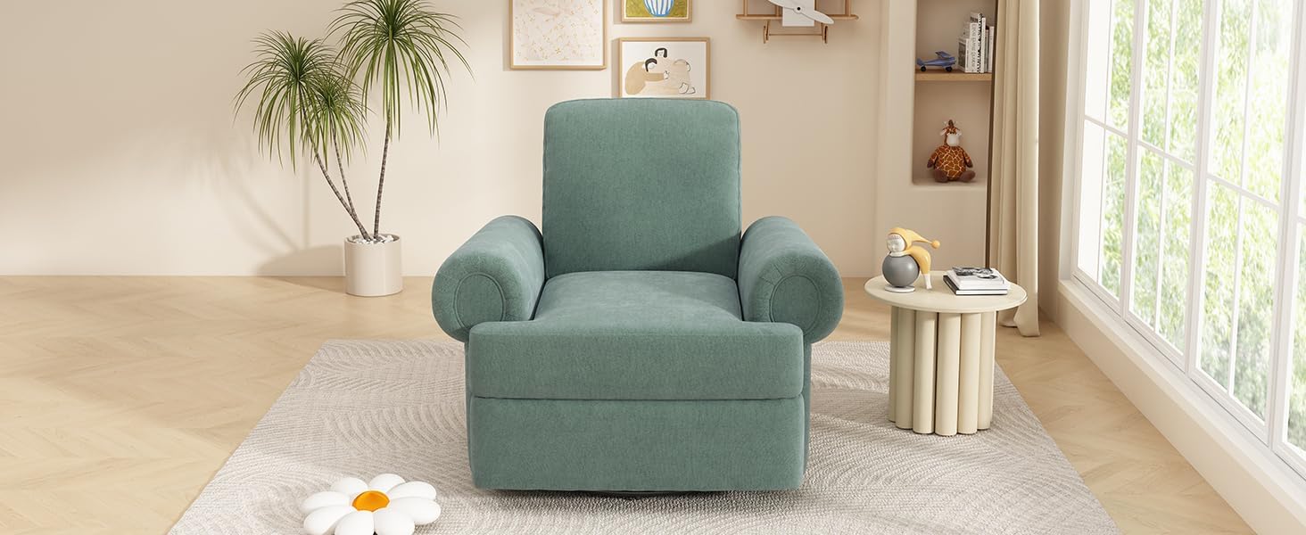espidoo Nursery Manual Recliner Chair: 3-in-1 Rocker Swivel Recliner - 2-Position Adjustable Backrest 110° & 160° for Compact Living Room Bedroom - Mint Green Chenille Upholstery
