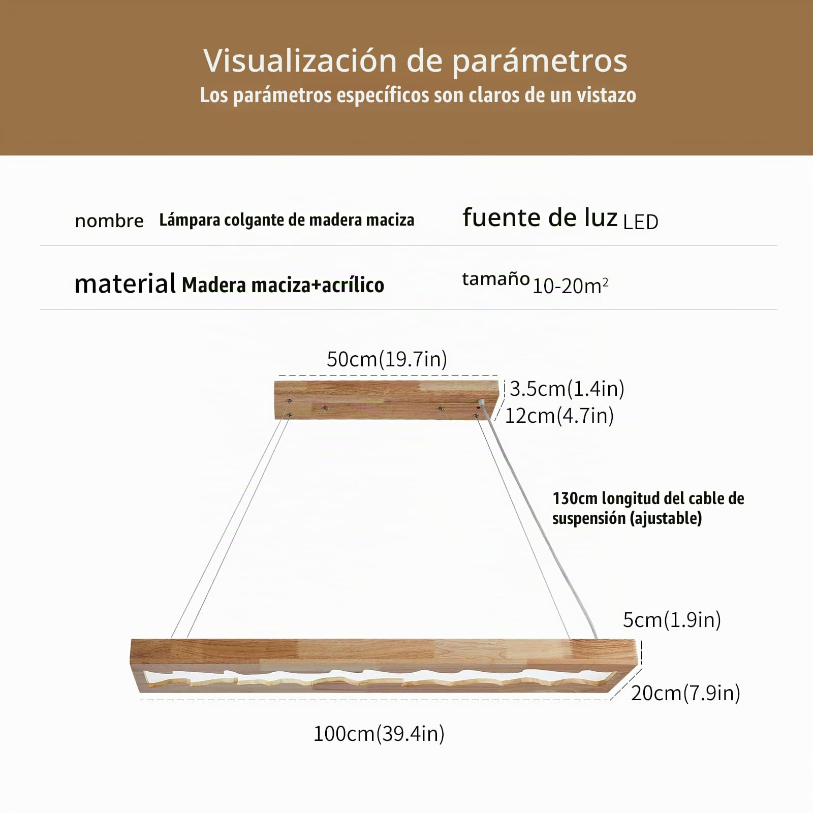 Lámpara colgante de madera LED, lámpara colgante rústica de madera regulable para mesa de comedor, altura ajustable, 40 W, 100 CM