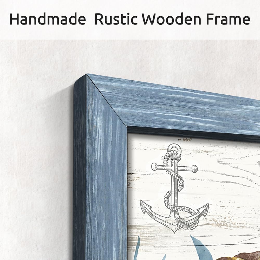 Framed Turtle Wall Art Bathroom: Coastal Sea Life Coral Artwork Wooden Painting Print Decor Rustic Ocean Seabed Sealife Picture for Bedroom Kids Room
