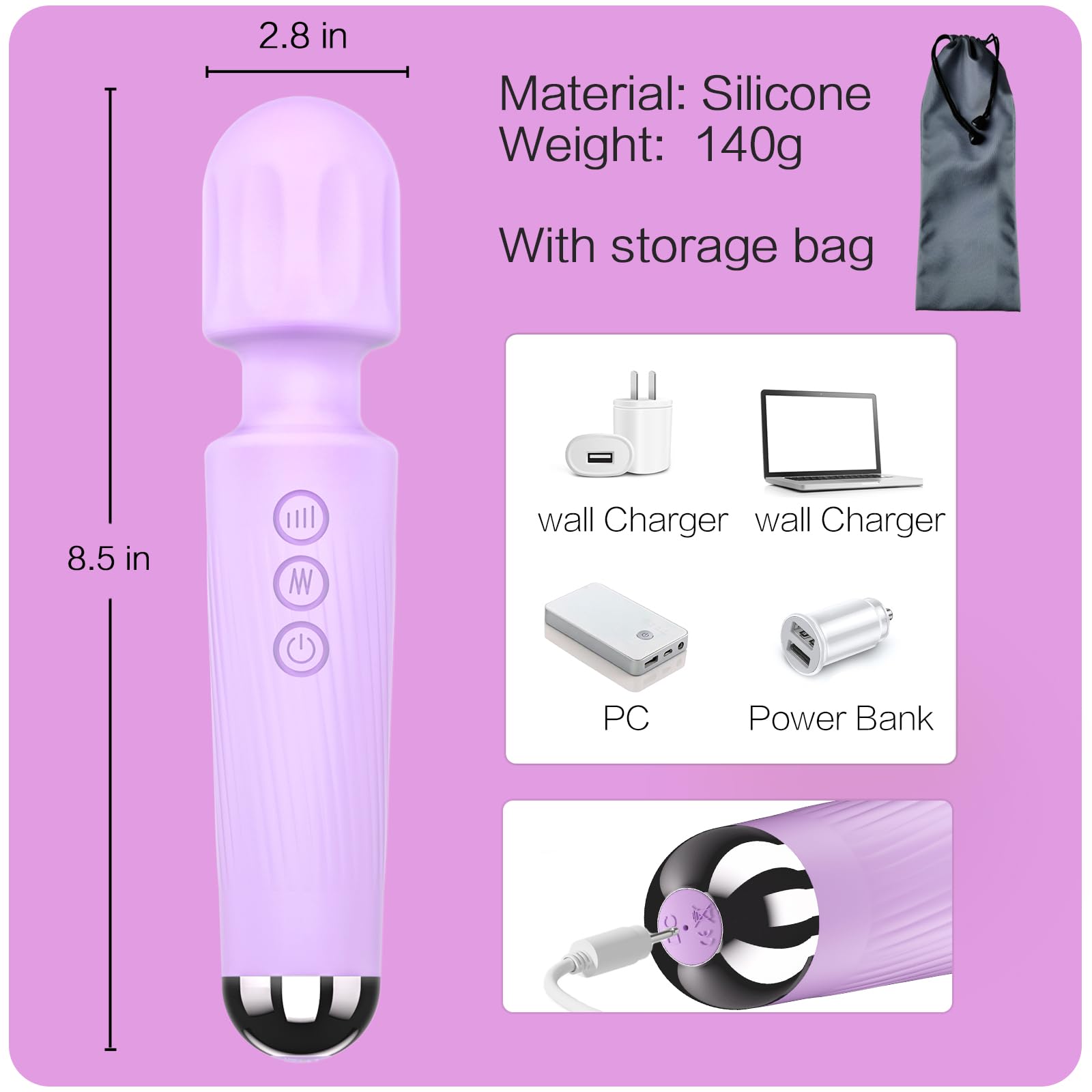 Vibrator Wand,Adult Sex Toy Wand, G Spot Dildo, Clit Vibrator, Sex Vibrators,Clitoris Stimulation,with 8 Speeds & 20 Patterns,Fully Waterproof,Vibrating Wand for her Pleasure (Rose Red): Large Light purple