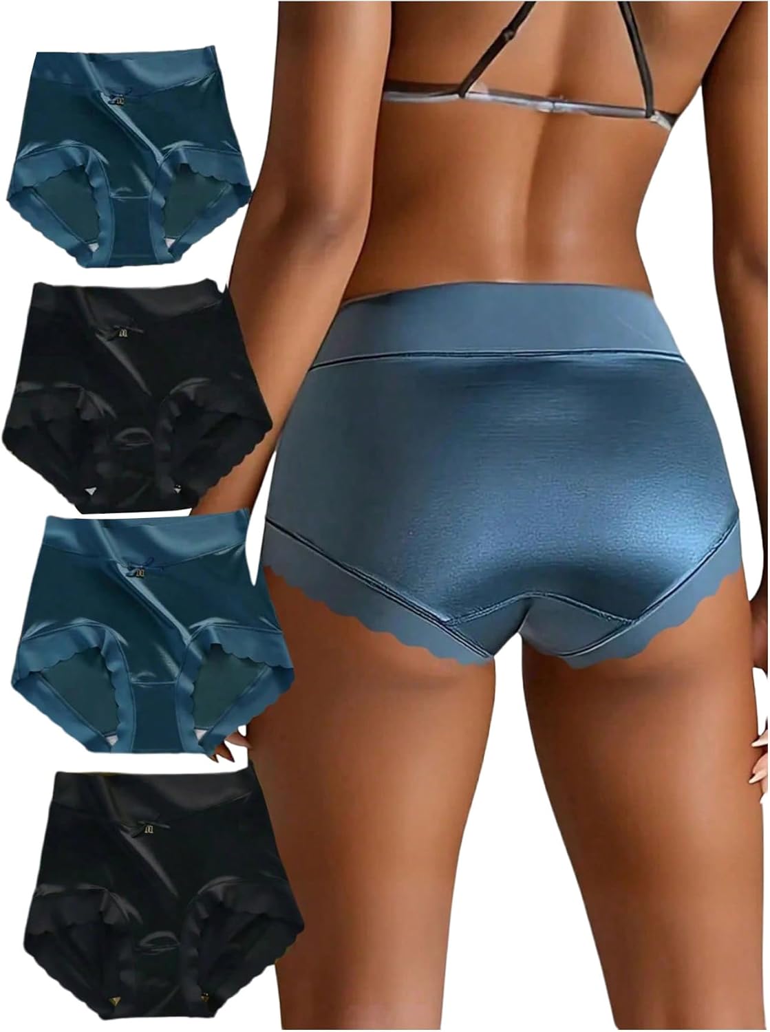 SOLY HUX Women's Satin Silk Briefs Scallop Trim No Show Underwear Lingerie Mid Rise Panties 4 Piece