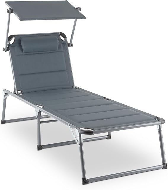 Blumfeldt Amalfi Noble Gray Sunbed - 70 x 37 x 200cm, 5-Level Adjustable Backrest, Sun Visor for Glare-Free Sunbathing, Foam Padding and Pillow, Weather-Resistant, Grey