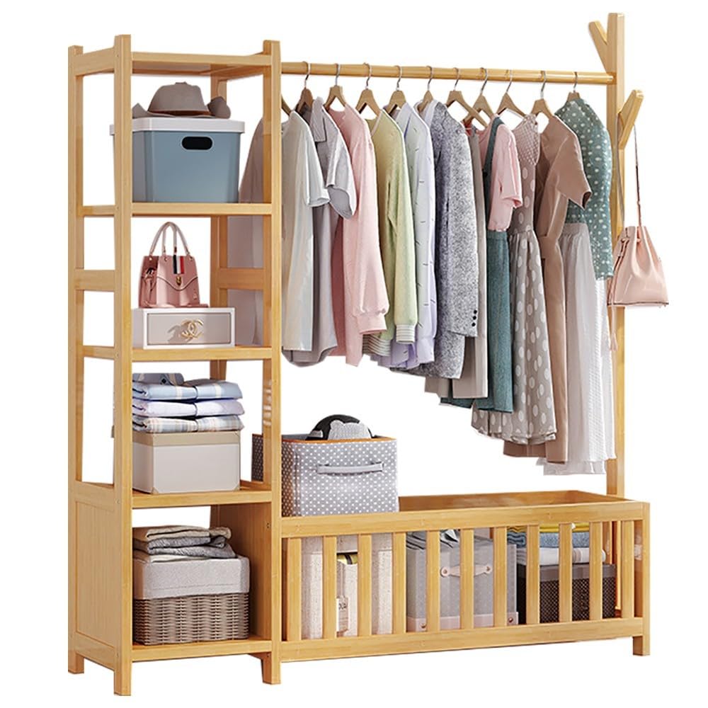 MYUYEE Wooden Coat Rack Stand, Clothes Drying Rack With Shelves, With Shoe Stand, Multifunctional Clothes Rail, Holds Up To 100 Kg, For Home/Office/Entryway/Hallway : 95Cm/115Cm(B-135Cm)