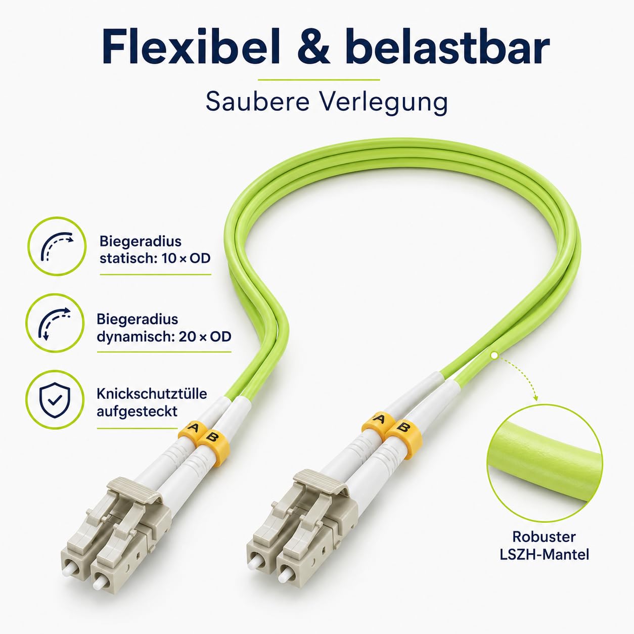 1 câble de brassage duplex 30 m OM5 LWL DX LC/UPC - LC/UPC MM multimode - 50/125 µm LSZH vert citron