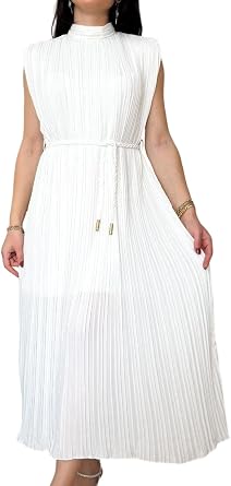 KEOMUD Women Summer Pleated Maxi Dress Elegant Sleeveless Formal Long Dress Casual Tie-Waist Outwear