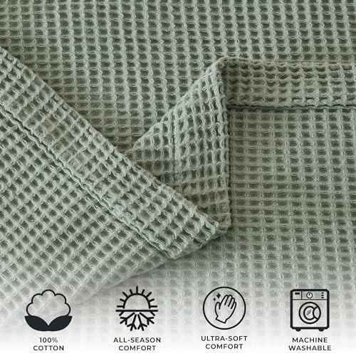 100% Cotton Blanket for Full Queen Size Bed - Green Waffle Weave Lightweight Summer Bed Blanket - 90x90in Prewashed Breathable, Woven, Layering Blanket (Full/Queen, Eucalyptus) - Thumbnail 4