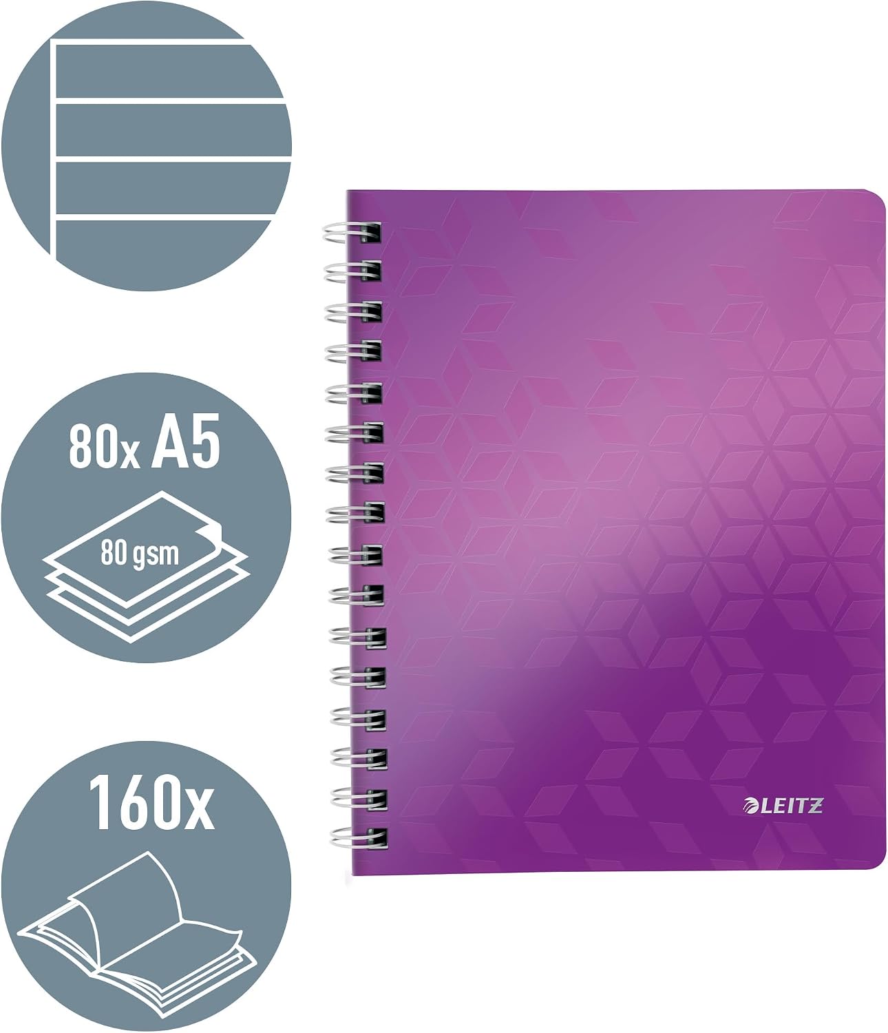 Leitz A5 Flexible Cover Notebook, Purple (Wire Bound, 80 Sheets, Ruled, 90 GSM Ivory Paper, Wow Range), Pack of 1