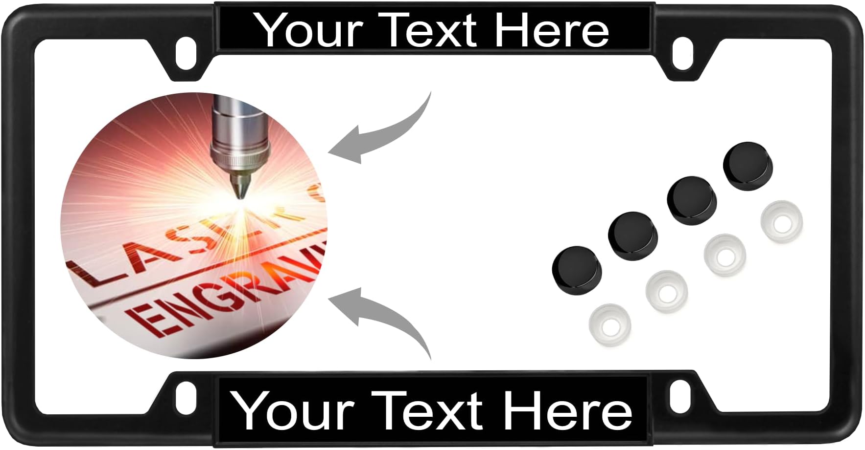Personalized with Custom Text Design - Thin Top | Narrow Top 4 Hole Black Metal Laser Engraved Standard Size - Car/Automobile License Plate Frame with Free caps - Black/White Text (Qty: 1 Frame)