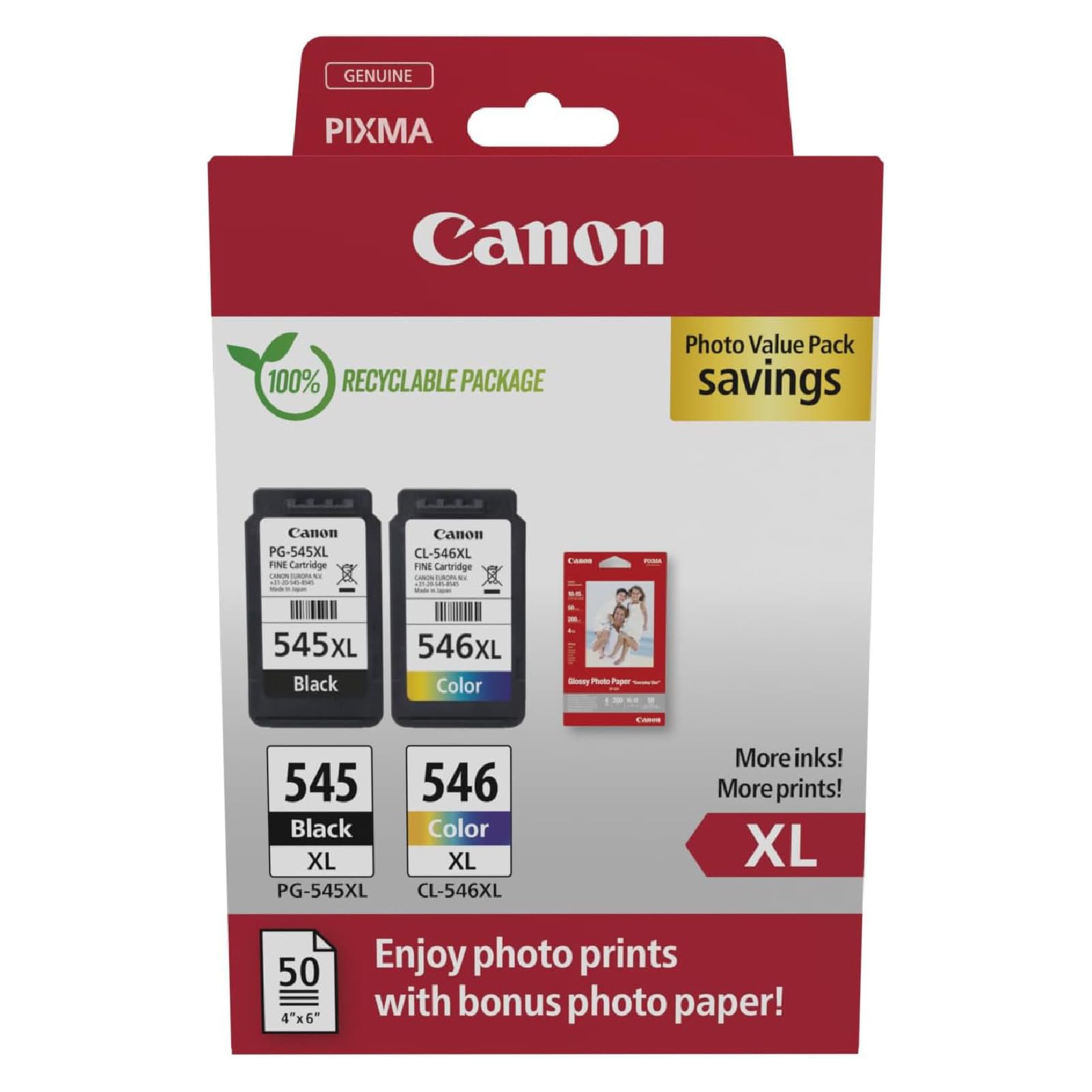 Canon Tintenpatronen & Papier-Multipack - PG-545XL/CL-546XL Original Druckerpatronen 2er Pack (1 x Schwarz, 1 x Farbe) & 4x6 Fotopapier (50 Blatt)