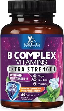 B Complex Vitamins Capsules - Super Complete B-100 Complex with Vitamin B12 B6 C Biotin Folate & Folic Acid for Immune & Energy Support - Supplement for Heart, Brain, Nerve Support - 60 Capsules