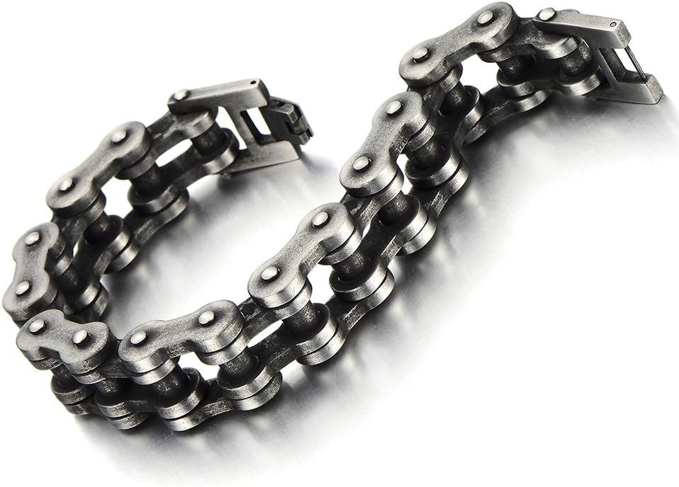 Masculine Mens Black Bike Chain Bracelet of Stainless Steel High Polished