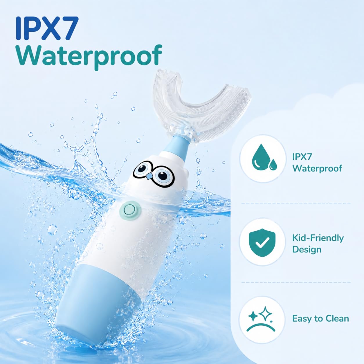 Cepillo de dientes eléctrico para niños, cepillo de dientes en forma de U con 3 cabezales, diseño de limpieza de boca completa de dibujos animados de búho, IPX7 impermeable, relleno de