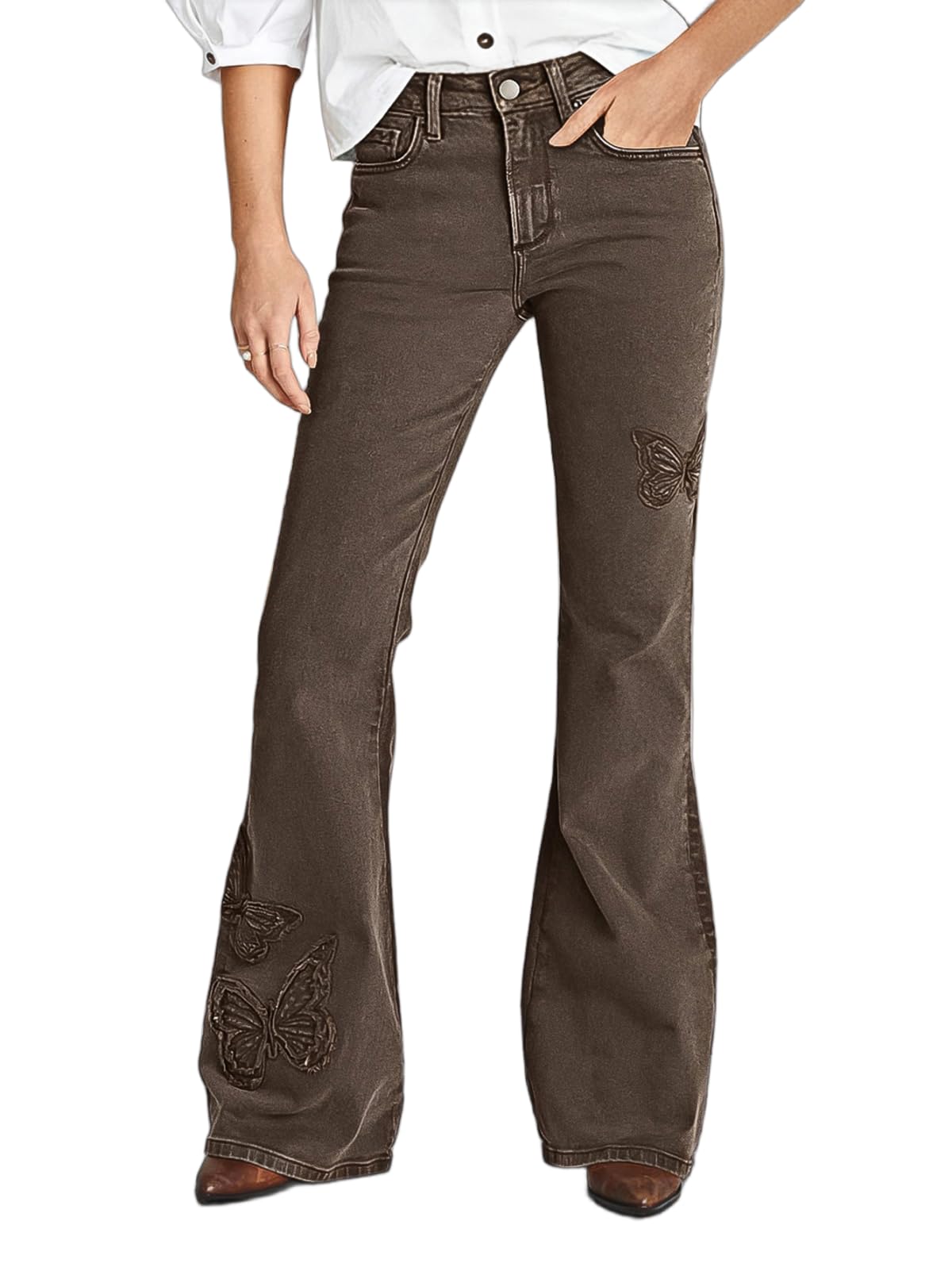 Flamingals Flare Mid Waist Pants for Women Butterfly Embroidered Pants with Pockets
