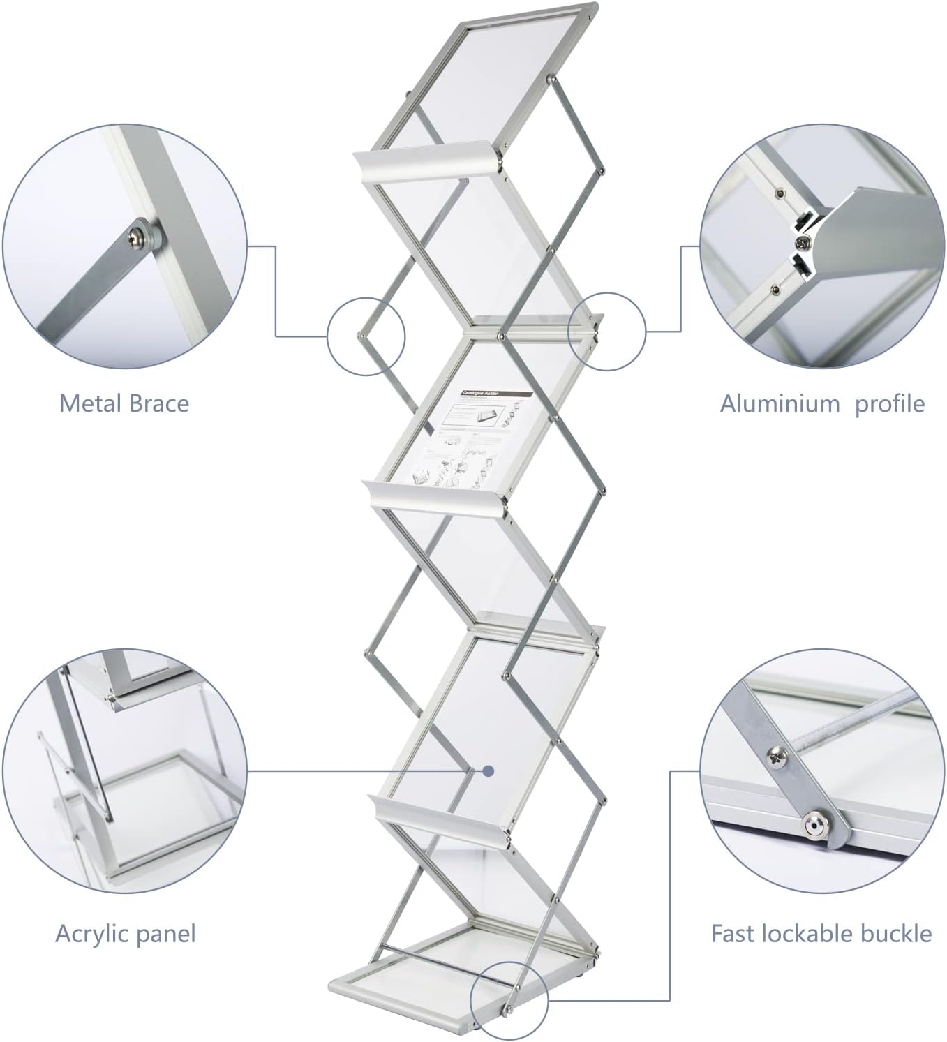 MALKARON Foldable Magazine Rack Brochure Display Stand Holder Catalog Literature Display Rack with Portable Oxford Carrying Bag for Office Trade Show Exhibitions Retail Store (6 Pockets Silver) : Office Products