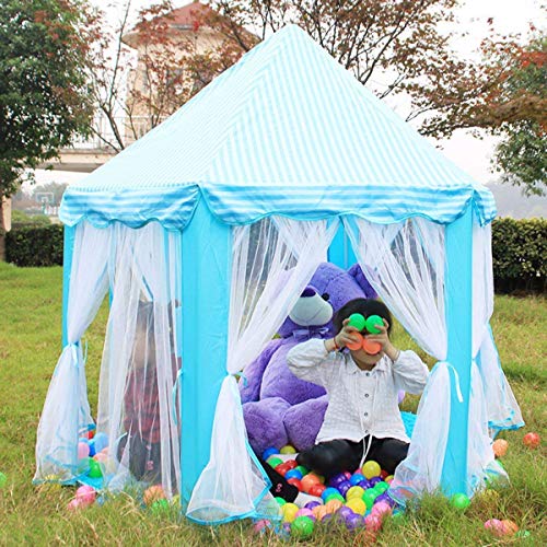Image of BabyGo Kids Prince Princess Castle Theme Play Tent with Mosquito Net Design for Kids (Blue) | Indoor & Outdoor Playhouse for 2-12 Years | Size 140 x 135 x 70 cm