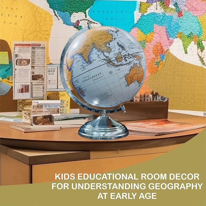 GLOBE DADDY Rotating World Globe 12 Inch with Metal Arc and Metal Stand for Show pieces for Home Décor, Office Decor and Decorations items,Study Table decor Items, Birthday, Party Gifts and Aniversary.(White) 4