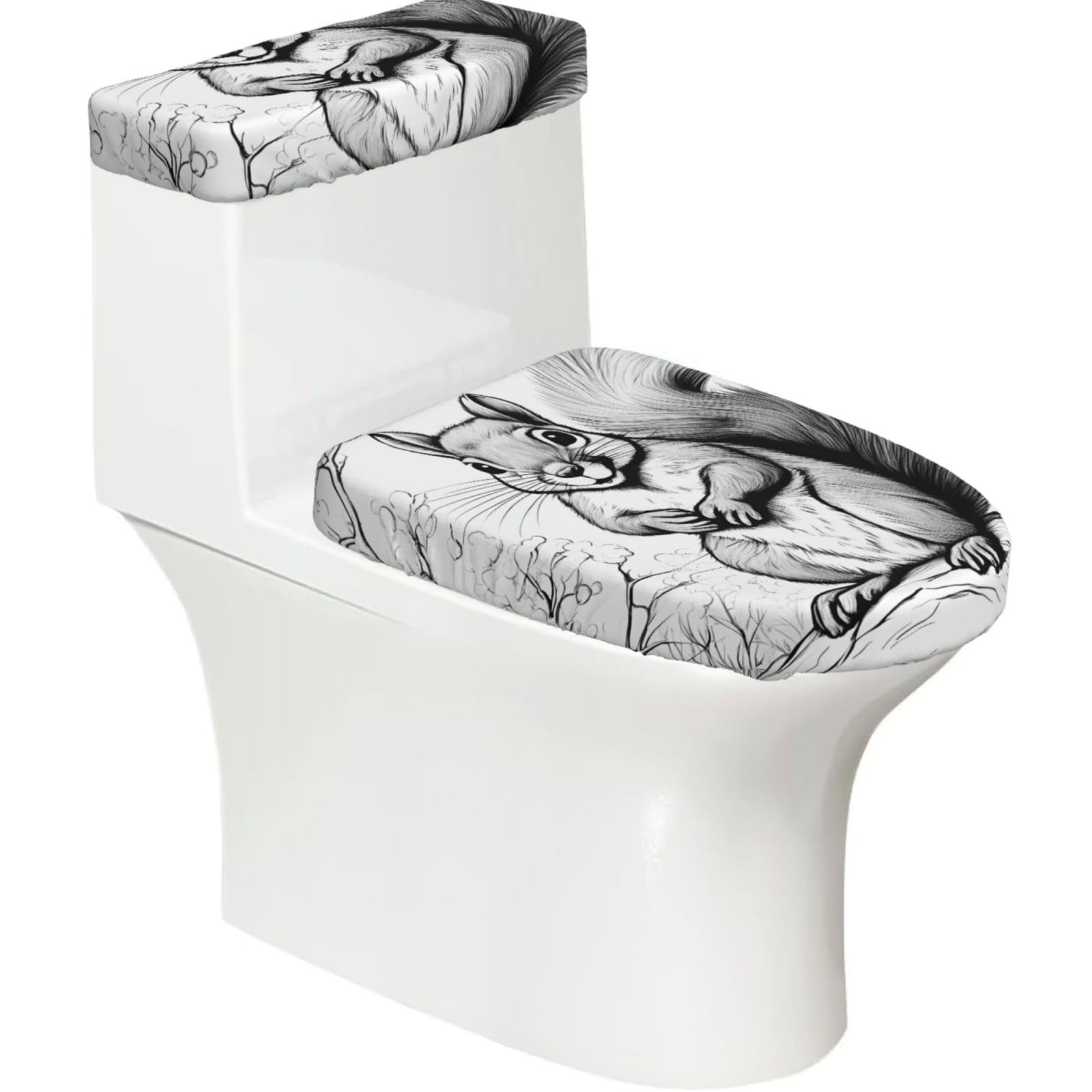 Cartoon Squirrel Printed Toilet Tank and Lid Cover Set of 2 for Most Bathrooms, Fits Elongated Round Toilets