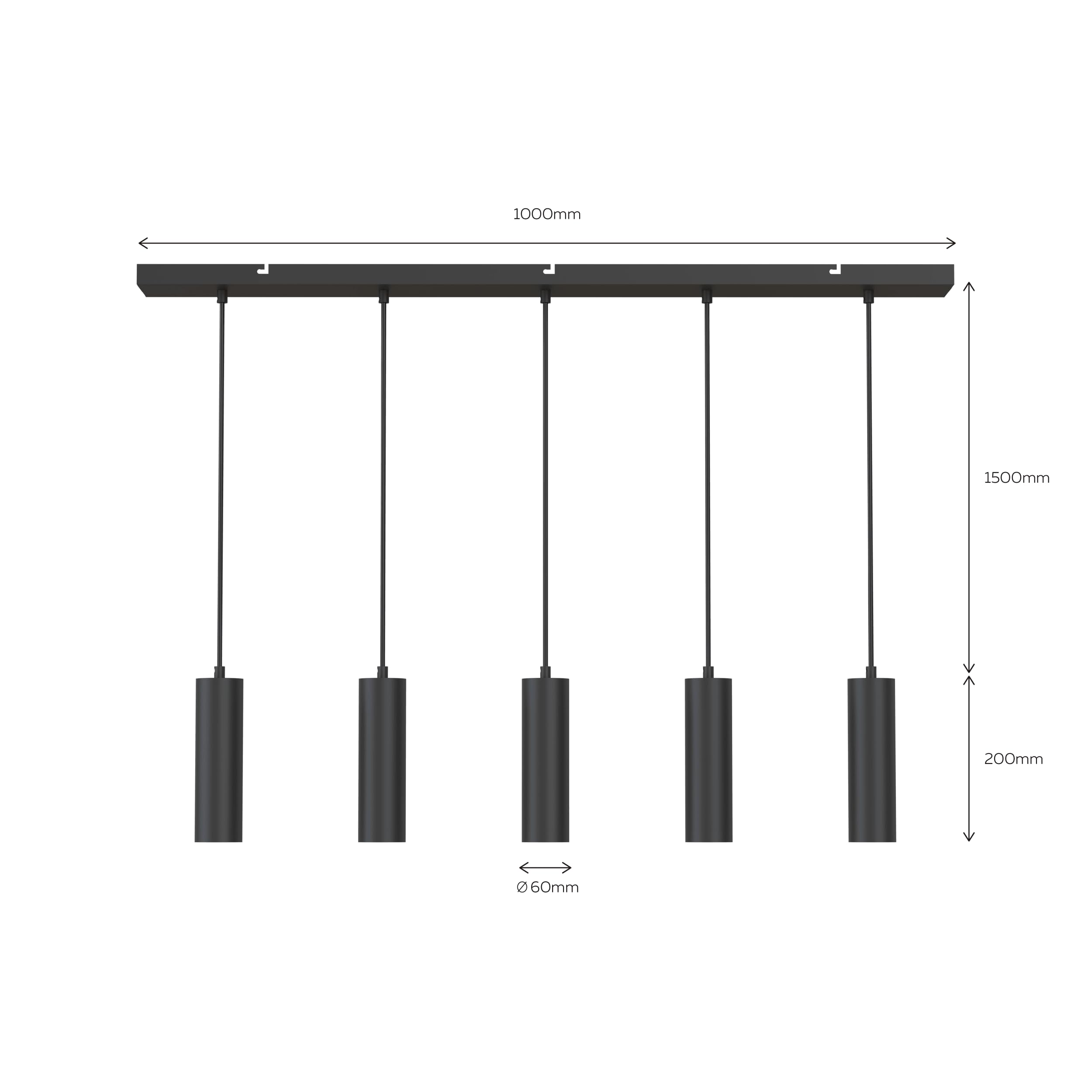 CALEX Pendelleuchte GU10, 5-flammig, Zylinder aus Aluminium, Höhenverstellbar, Matt Schwarz