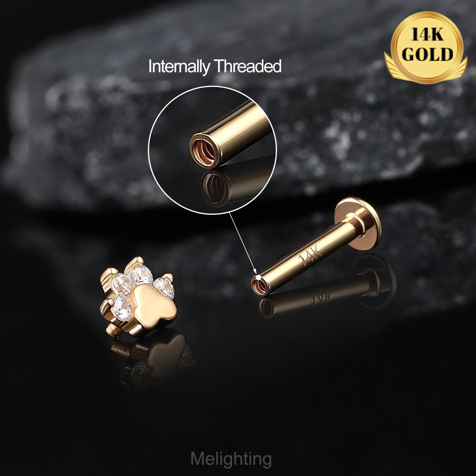 Melighting 14 K Gelbgold, Hundepfote, Knorpelohrring, Innengewinde, Helix, CZ, flach, hinten, 8 mm, Tragus, Daith, 16 g, Labret Stud