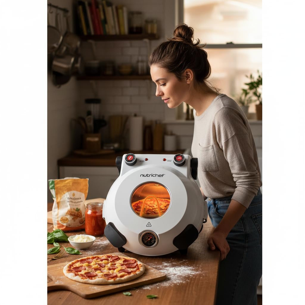 NutriChef Piekarnik elektryczny do pizzy 12” | Maker do pizzy na blat z kontrolą temperatury | Okno pieczenia | Podgrzewa do 800°F | Kamień nieprzywierający, łatwy do czyszczenia | Biały
