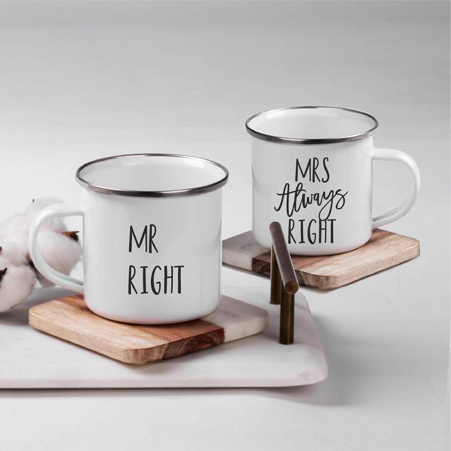Andaz Press Wedding Engagement Stainless Steel Campfire Coffee Mugs Gift Set, Mr. Right, Mrs. Always Right, 2-Pack, Metal Enamel Campfire Camp Cup, Includes Gift Box